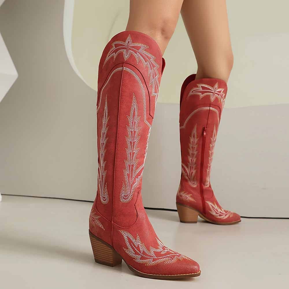 Red Embroidered Knee-High Cowboy Boots Red Embroidered Knee-High Cowboy Boots — Trendy Red Cowboy Boots Outfit