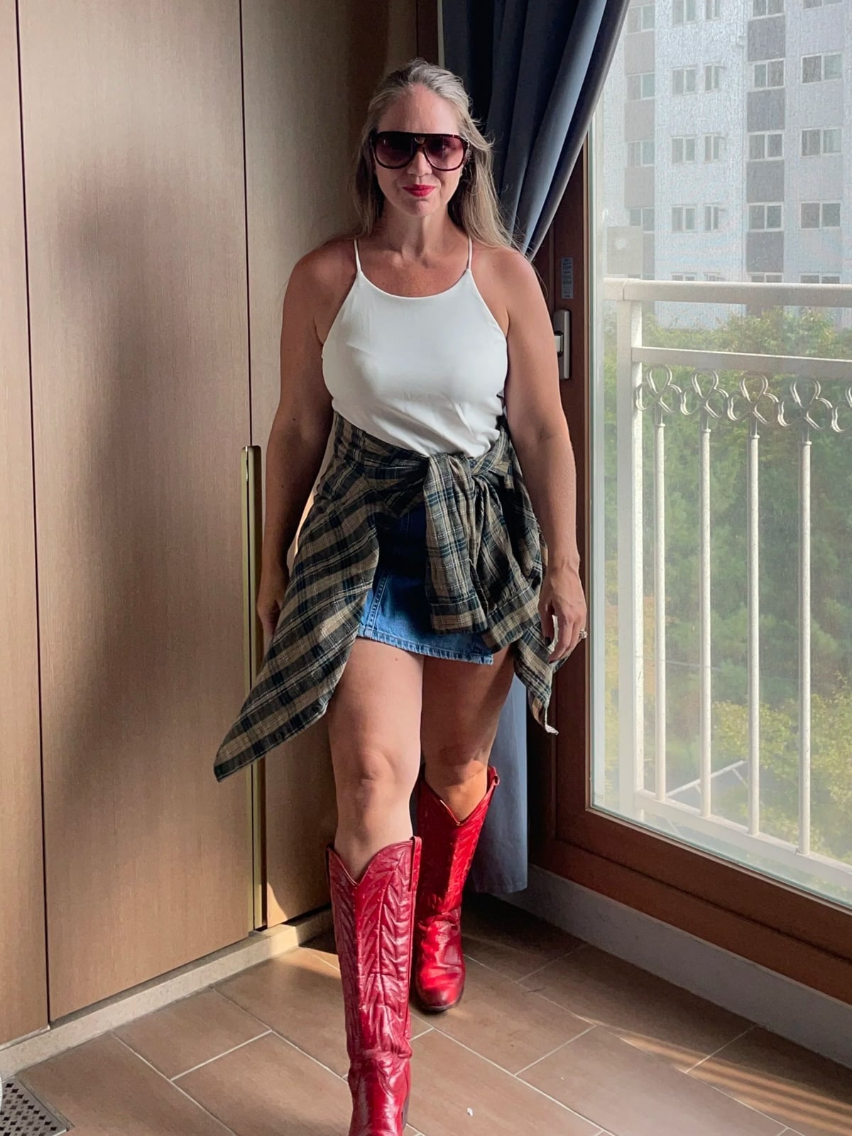 Red Cowboy Boots with Plaid Shirt and Denim Mini Skirt, Shoes Red Cowboy Boots with Plaid Shirt and Denim Mini Skirt, Shoes — Trendy Red Cowboy Boots Outfit
