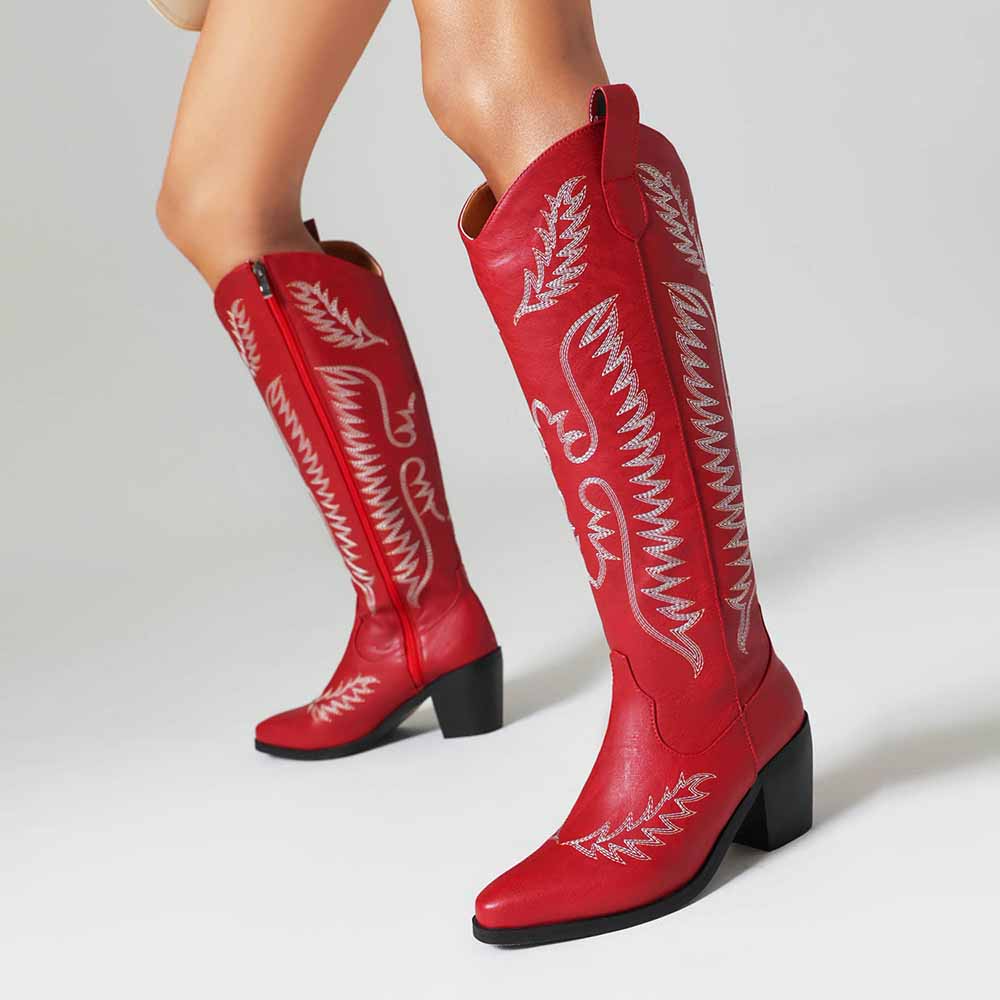 Red Embroidered Low Heel Cowboy Boots Red Embroidered Low Heel Cowboy Boots — Trendy Red Cowboy Boots Outfit
