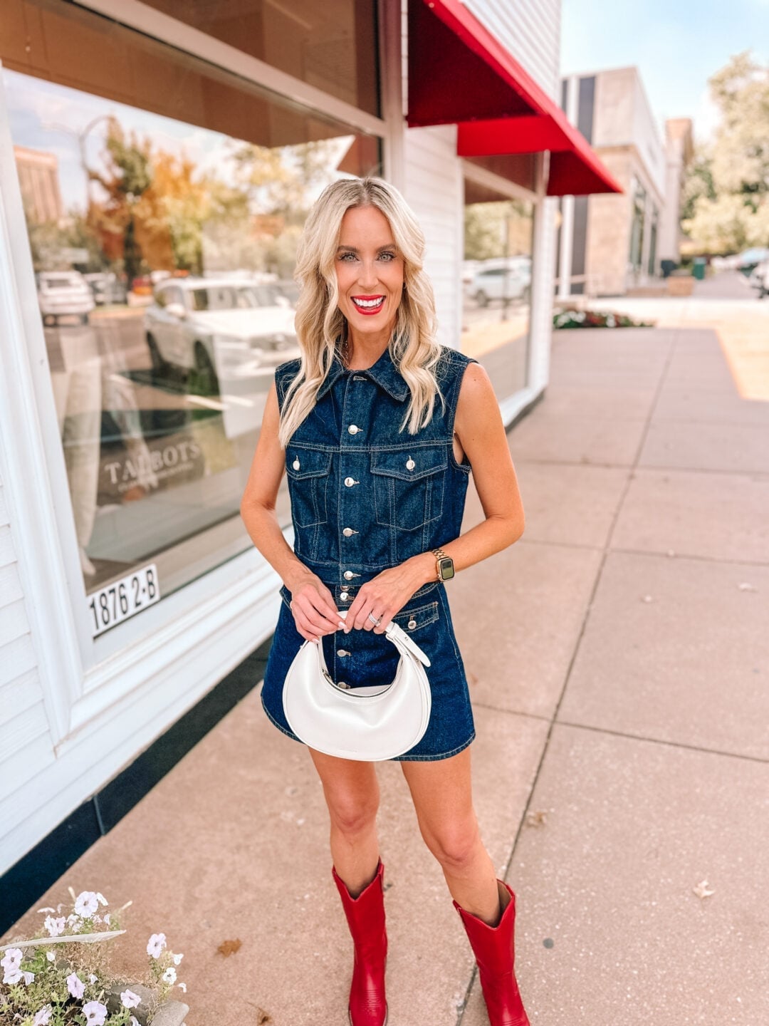 Red Cowboy Boots with Denim Mini Dress Red Cowboy Boots with Denim Mini Dress — Trendy Red Cowboy Boots Outfit