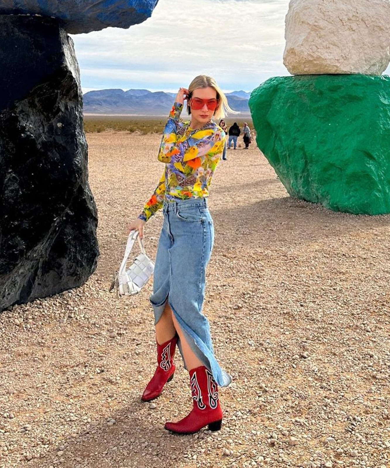 Red Cowboy Boots with Long Denim Skirt Red Cowboy Boots with Long Denim Skirt — Trendy Red Cowboy Boots Outfit