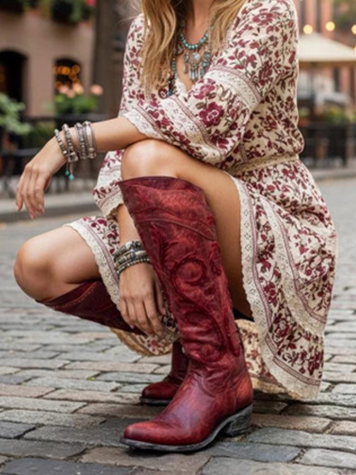 Embossed Red Cowboy Boots with Floral Dress Embossed Red Cowboy Boots with Floral Dress — Trendy Red Cowboy Boots Outfit