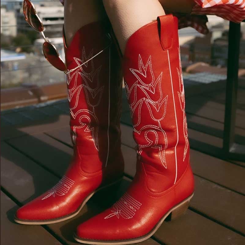 Chunky Red Cowboy Boots with White Embroidery Chunky Red Cowboy Boots with White Embroidery — Trendy Red Cowboy Boots Outfit