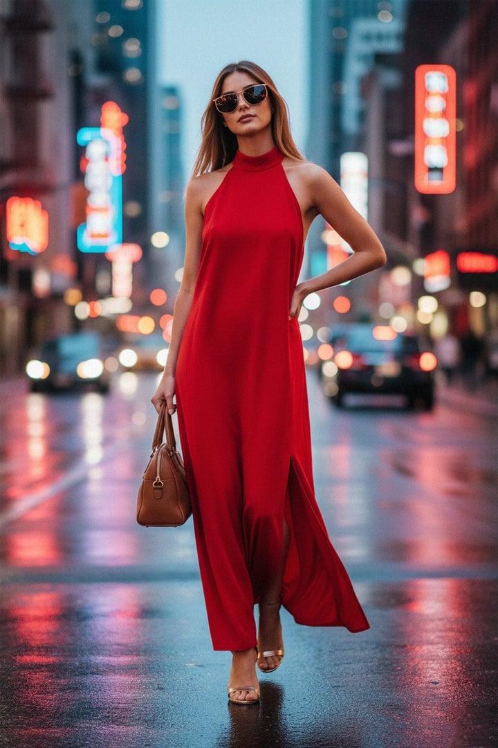High Neck Sleeveless Red Maxi Dress with Side Slit High Neck Sleeveless Red Maxi Dress with Side Slit — Trendy Red Dresses Outfits