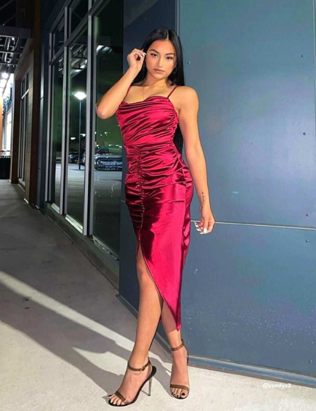 Deep Red Satin Slip Dress with Ruched Detailing Deep Red Satin Slip Dress with Ruched Detailing — Trendy Red Dresses Outfits