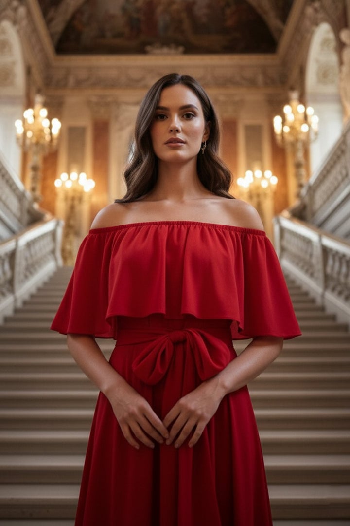 Red Off-Shoulder Maxi Dress with Ruffled Neckline Red Off-Shoulder Maxi Dress with Ruffled Neckline — Trendy Red Dresses Outfits