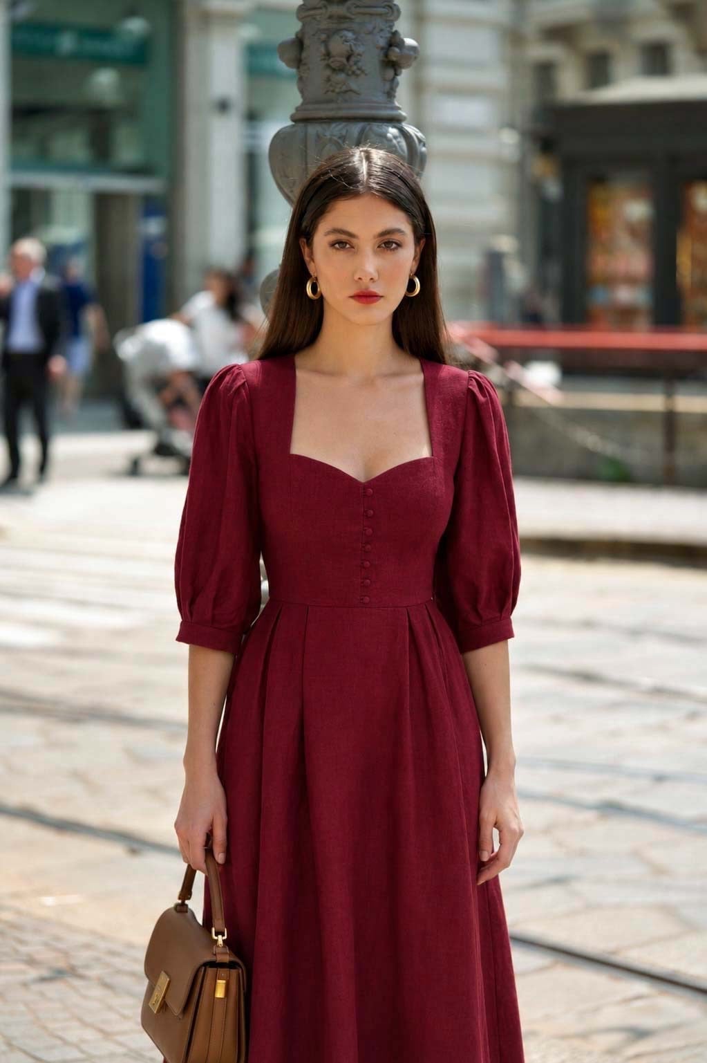 Burgundy Linen-Like A-Line Midi Dress with Puff Sleeves Burgundy Linen-Like A-Line Midi Dress with Puff Sleeves — Trendy Red Dresses Outfits