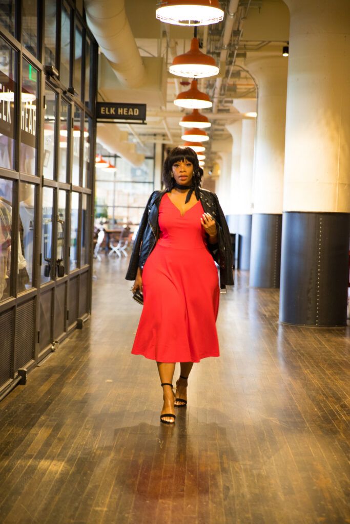 Red Fit-And-Flare Midi Dress with Leather Jacket Red Fit-And-Flare Midi Dress with Leather Jacket — Trendy Red Dresses Outfits