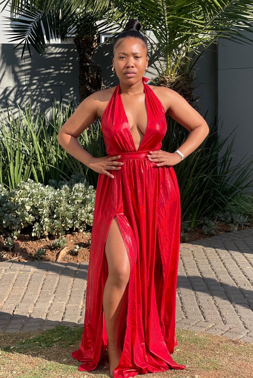 Metallic Red Halter Maxi Dress with Double Slits Metallic Red Halter Maxi Dress with Double Slits — Trendy Red Dresses Outfits
