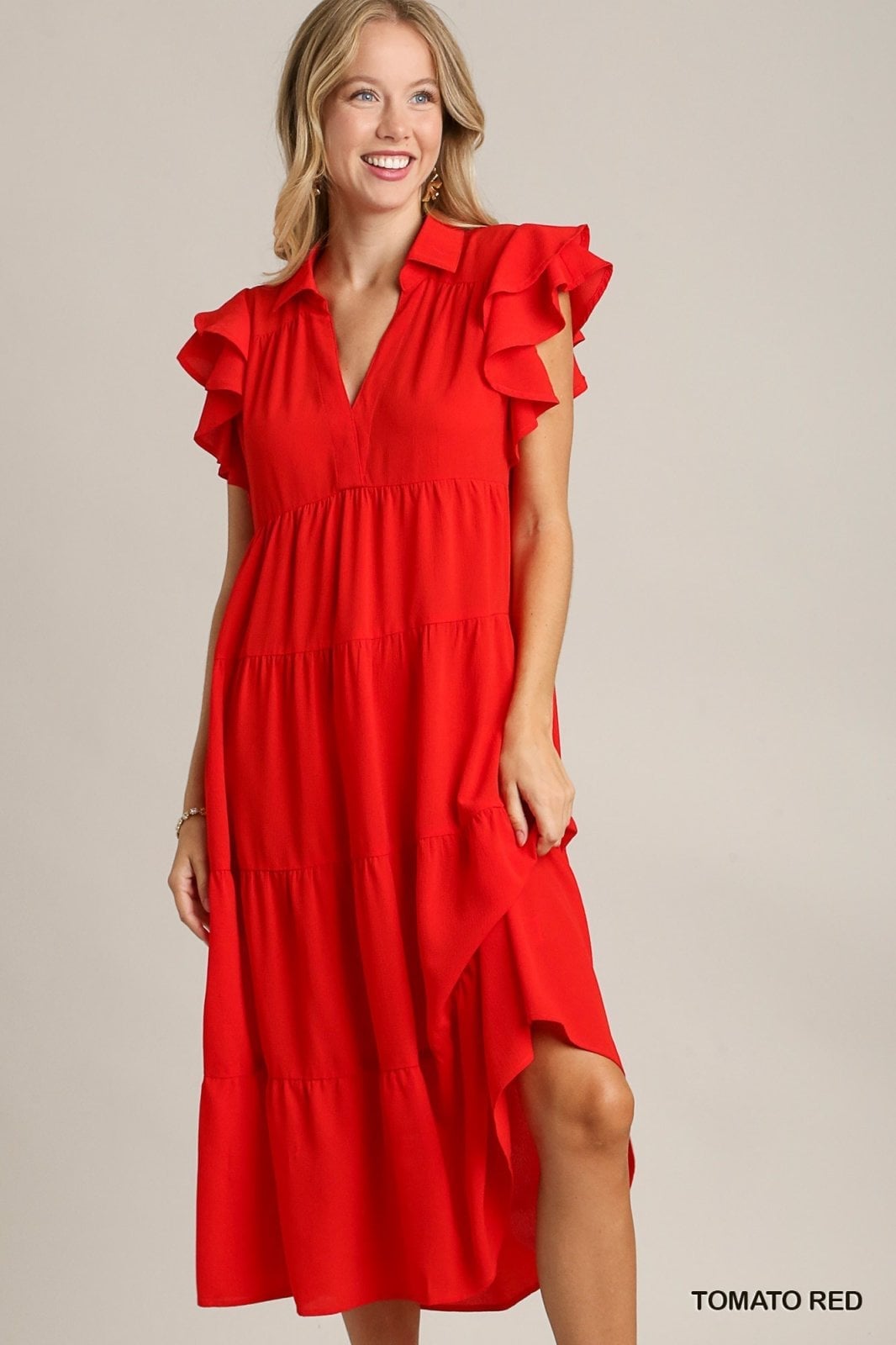 Bright Red Tiered Midi Dress with Collared Neckline Bright Red Tiered Midi Dress with Collared Neckline — Trendy Red Dresses Outfits