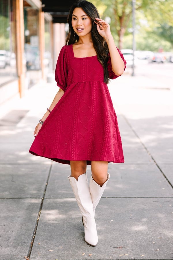 Wine Red Cable Knit Babydoll Dress Wine Red Cable Knit Babydoll Dress — Trendy Red Dresses Outfits