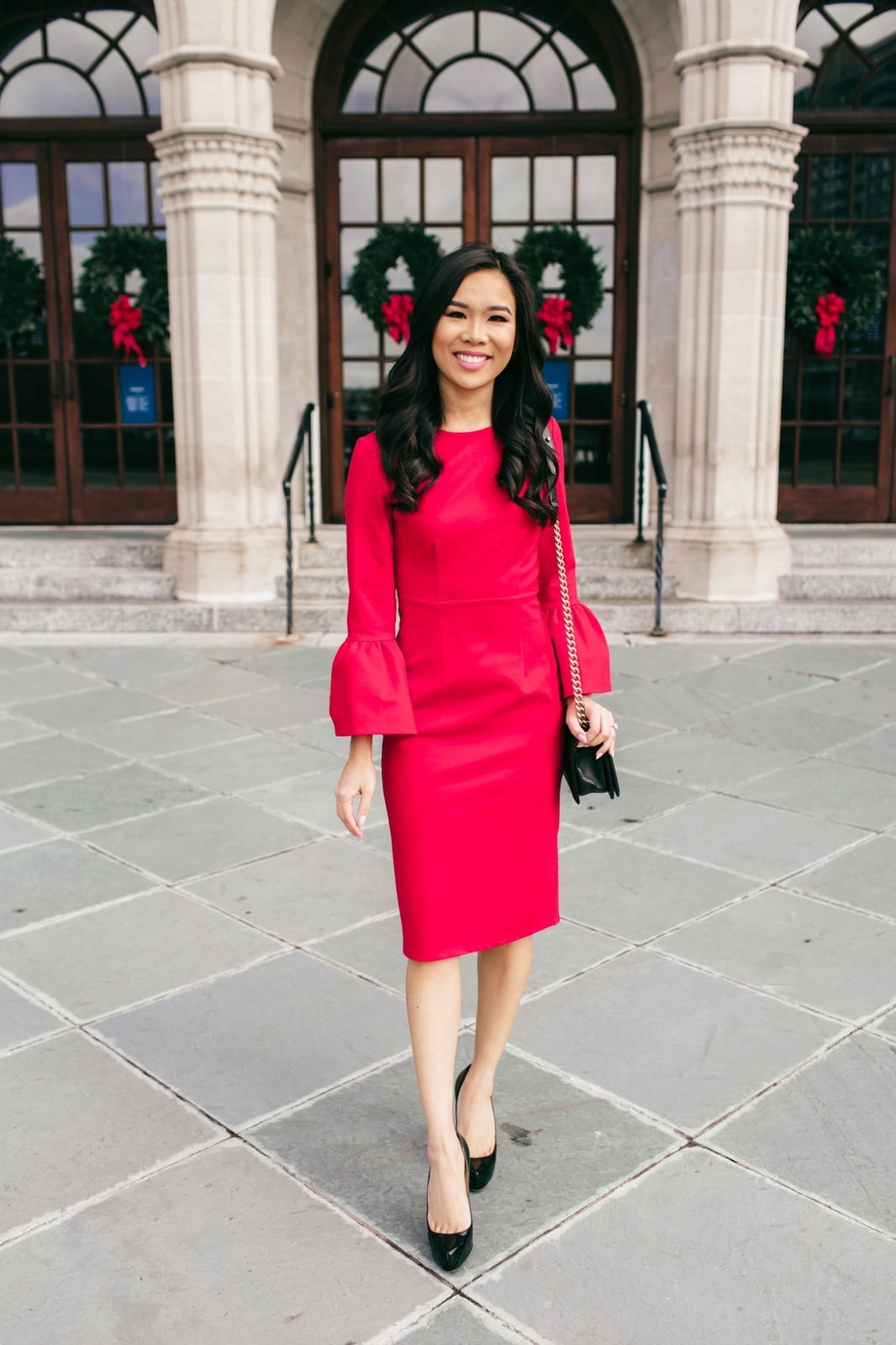 Bright Red Sheath Dress with Bell Sleeves Bright Red Sheath Dress with Bell Sleeves — Trendy Red Dresses Outfits