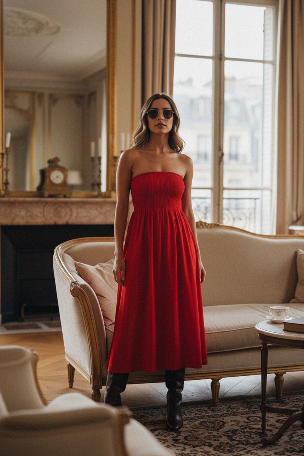 Bright Red Smocked Strapless Midi Dress Bright Red Smocked Strapless Midi Dress — Trendy Red Dresses Outfits