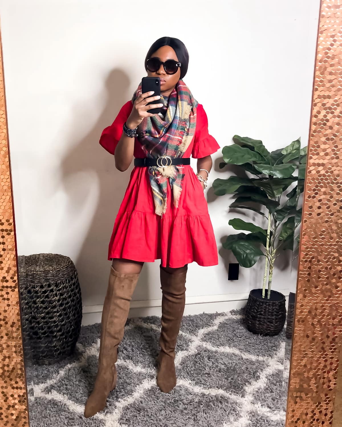 Red Tiered Ruffle Sleeve Dress with Plaid Scarf Red Tiered Ruffle Sleeve Dress with Plaid Scarf — Trendy Red Dresses Outfits