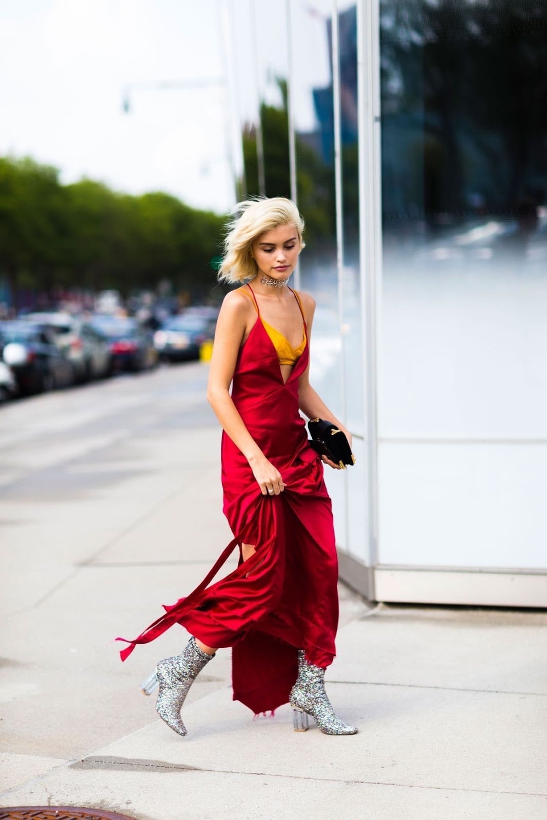 Deep Red Satin Slip Dress Over Yellow Underlayer Deep Red Satin Slip Dress Over Yellow Underlayer — Trendy Red Dresses Outfits