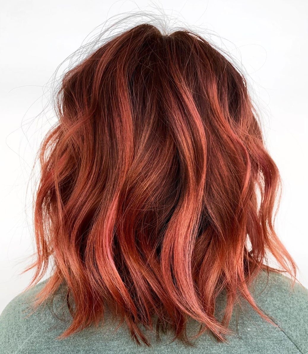 Lob With Dark Red And Lighter Red Highlights Lob With Dark Red And Lighter Red Highlights — Trendy Red Hair with Highlights
