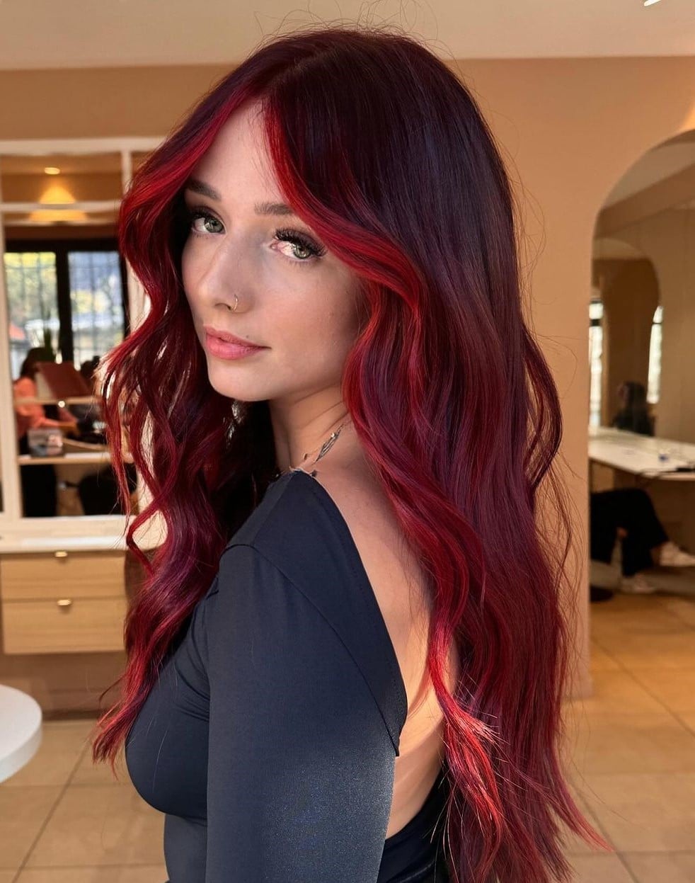 Dark Red Base With Lighter Red Face Framing Dark Red Base With Lighter Red Face Framing — Trendy Red Hair with Highlights