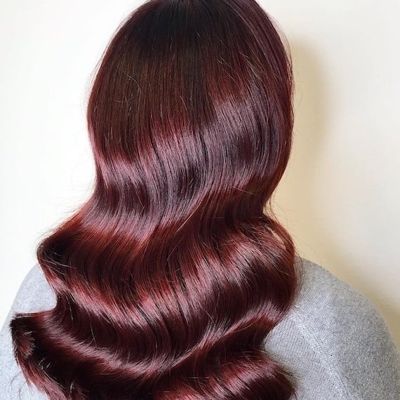 Mid-Back Thick Wavy Deep Burgundy Mid-Back Thick Wavy Deep Burgundy — Trendy Red Hairstyles