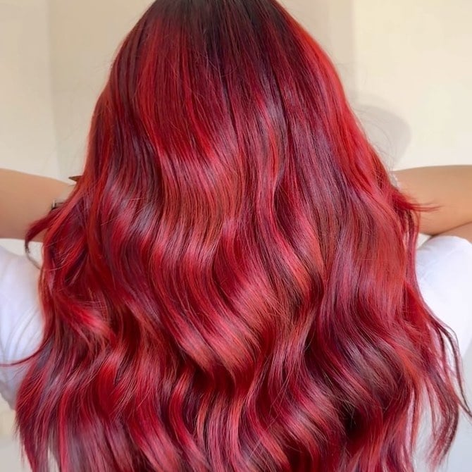 Mid-Back Cherry Red With Darker Roots Mid-Back Cherry Red With Darker Roots — Trendy Red Hairstyles