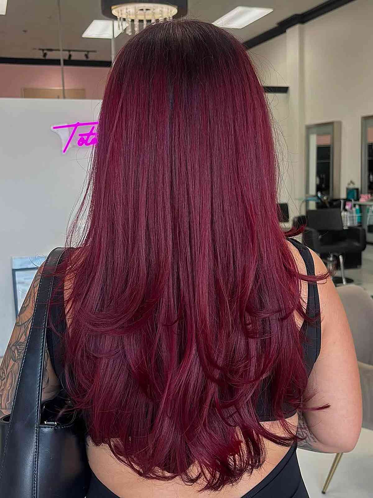 Mid-Back Deep Cherry Red Blowout, Close-Up Take Mid-Back Deep Cherry Red Blowout, Close-Up Take — Trendy Red Hairstyles