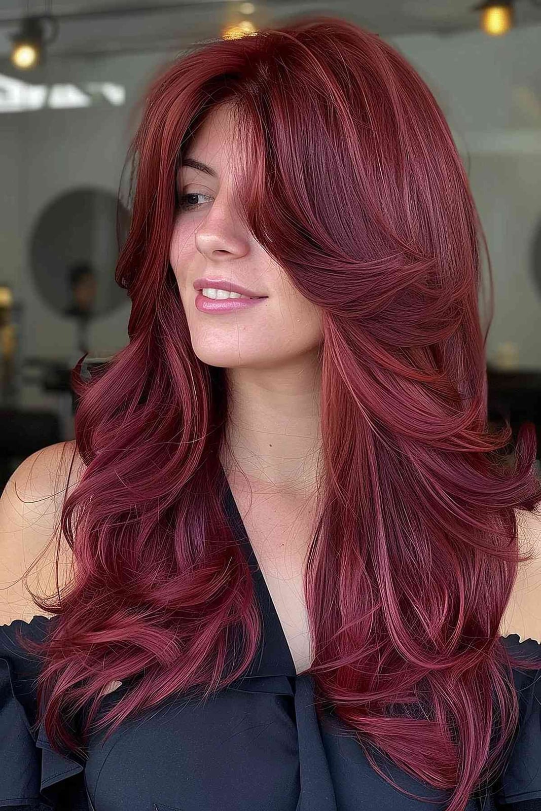 Deep Cherry Red Mid-Back Layers With Curtain Bangs Deep Cherry Red Mid-Back Layers With Curtain Bangs — Trendy Red Hairstyles