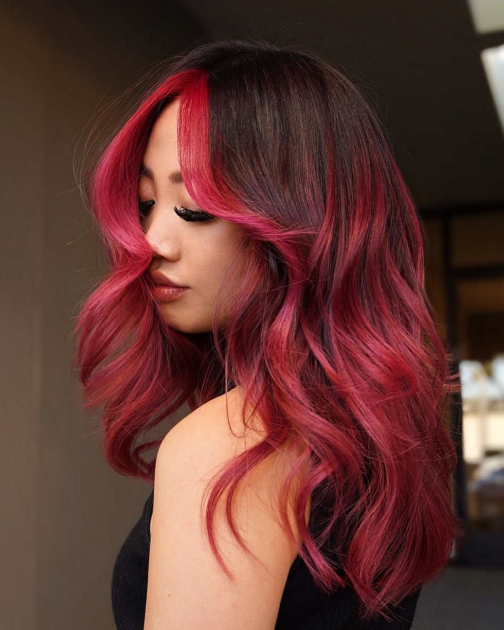 Mid-Back Dark Base With Pink Highlights Mid-Back Dark Base With Pink Highlights — Trendy Red Hairstyles