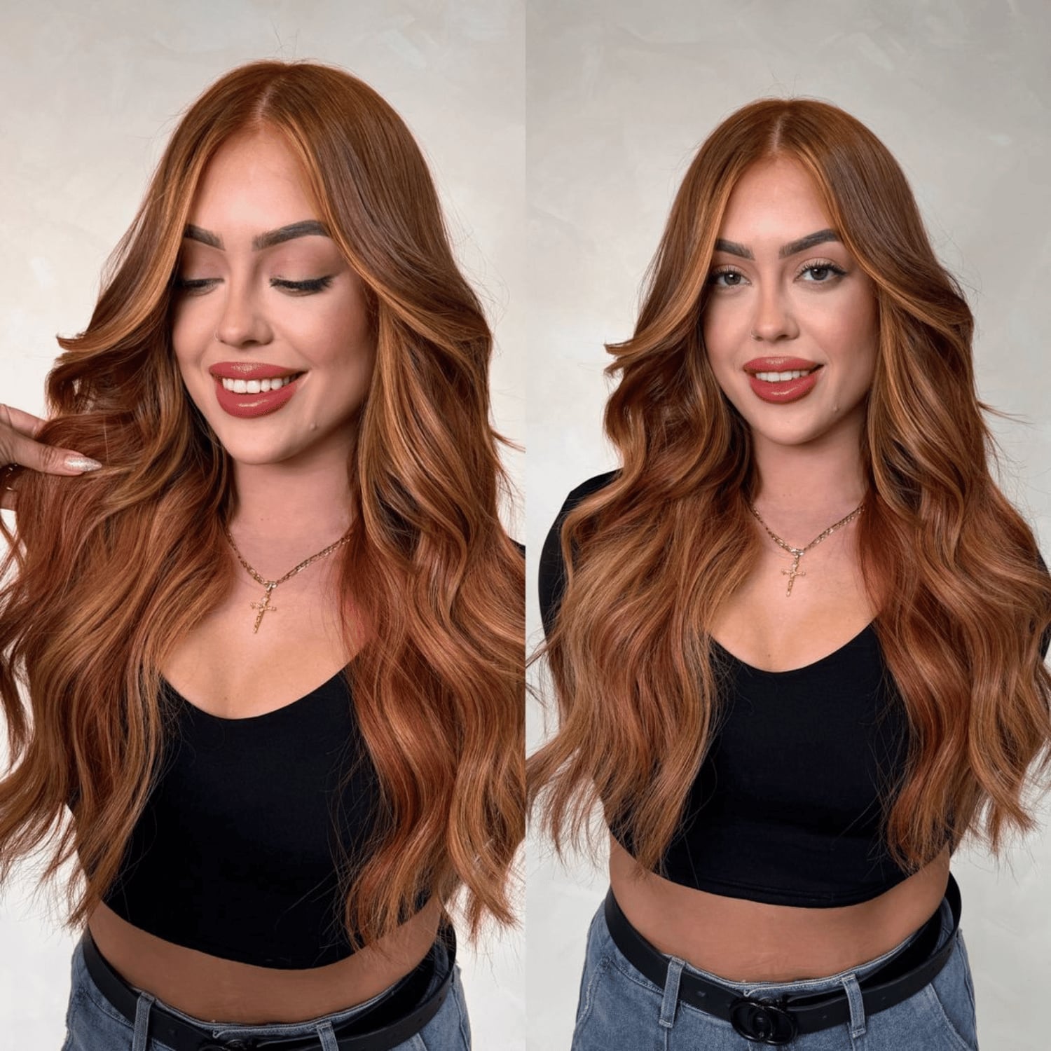 Mid-Back Copper Red With Blonde Highlights, Wavy Mid-Back Copper Red With Blonde Highlights, Wavy — Trendy Red Hairstyles