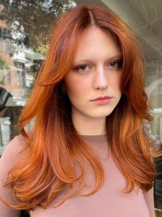 Collarbone Copper With Curtain Bangs Blowout Collarbone Copper With Curtain Bangs Blowout — Trendy Red Hairstyles