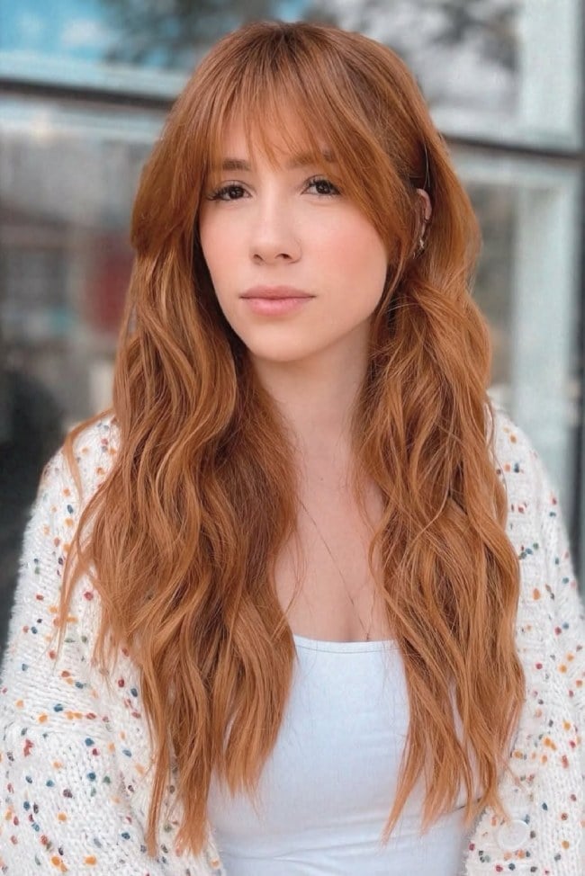 Mid-Back Copper Ginger With Wispy Curtain Bangs, Wavy Mid-Back Copper Ginger With Wispy Curtain Bangs, Wavy — Trendy Red Hairstyles