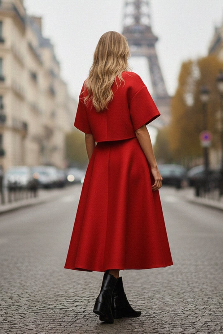 Red Cropped Jacket and A-Line Midi Skirt Set With Black Ankle Boots Red Cropped Jacket and A-Line Midi Skirt Set With Black Ankle Boots — Trendy Red Top Outfits