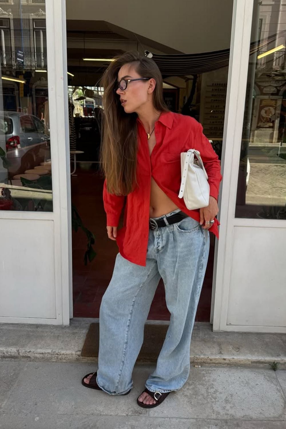 Red Oversized Button-Up Shirt with Wide-Leg Jeans Red Oversized Button-Up Shirt with Wide-Leg Jeans — Trendy Red Top Outfits