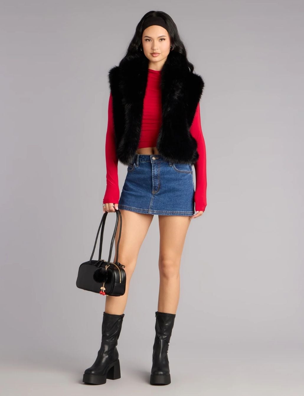 Red Long-Sleeve Top with Faux Fur Vest and Mini Skirt Red Long-Sleeve Top with Faux Fur Vest and Mini Skirt — Trendy Red Top Outfits