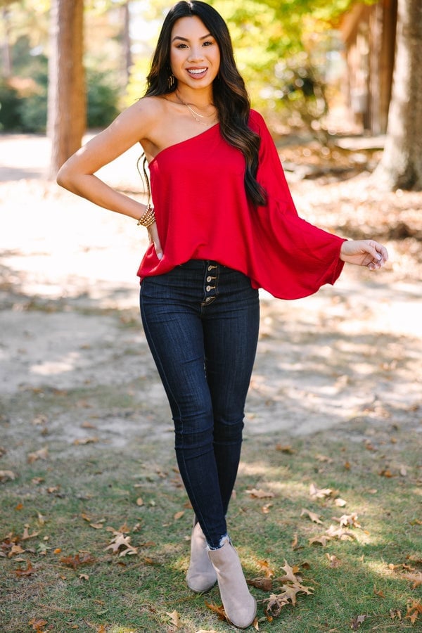 Red One-Shoulder Top with Statement Bell Sleeve Red One-Shoulder Top with Statement Bell Sleeve — Trendy Red Top Outfits