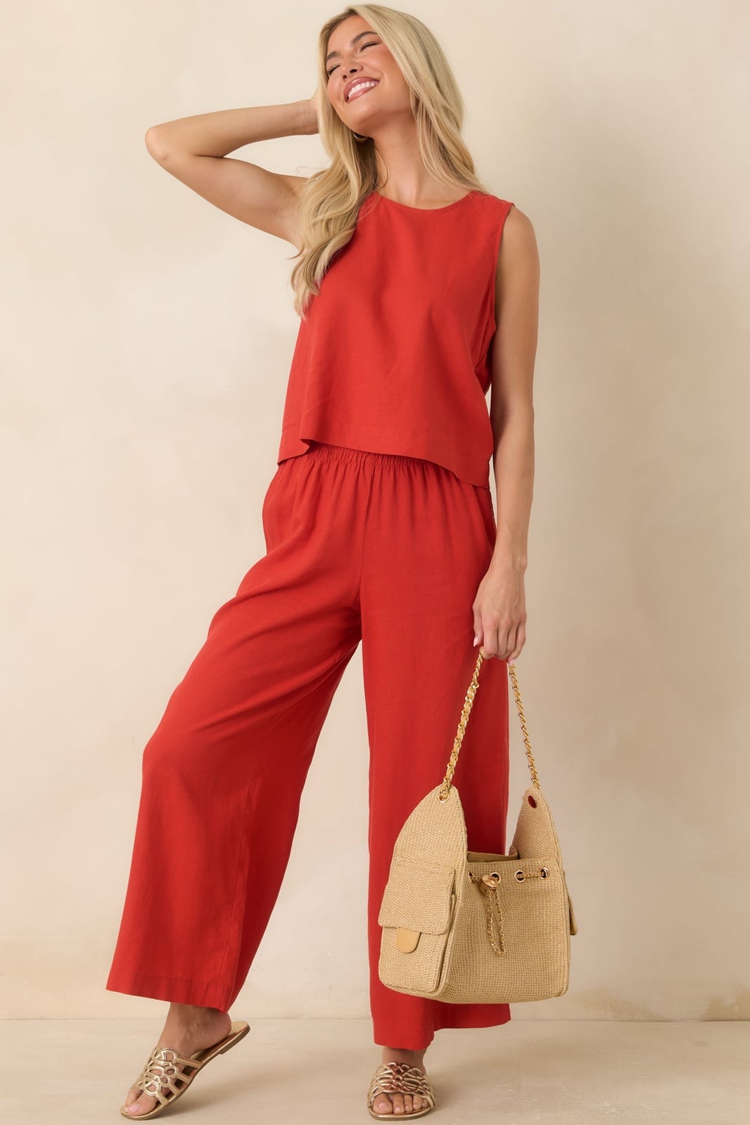 Red Sleeveless Top and Wide-Leg Pants Coordinated Set Red Sleeveless Top and Wide-Leg Pants Coordinated Set — Trendy Red Top Outfits