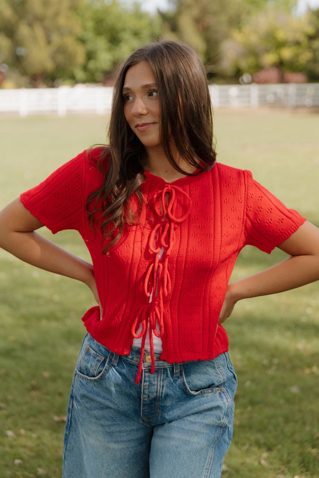Red Tie-Front Knit Cropped Top with Undershirt Red Tie-Front Knit Cropped Top with Undershirt — Trendy Red Top Outfits