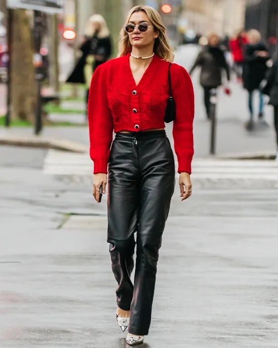 Red Knit Cropped Cardigan with Voluminous Sleeves, Close-Up Take Red Knit Cropped Cardigan with Voluminous Sleeves, Close-Up Take — Trendy Red Top Outfits
