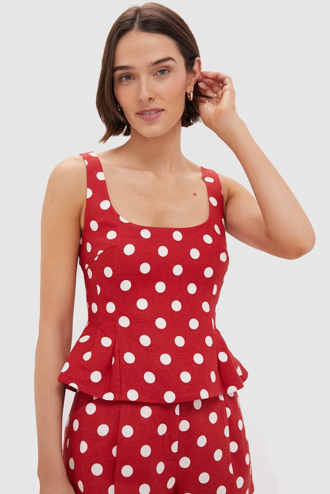 Red Polka Dot Peplum Top with Square Neckline, Close-Up Take Red Polka Dot Peplum Top with Square Neckline, Close-Up Take — Trendy Red Top Outfits
