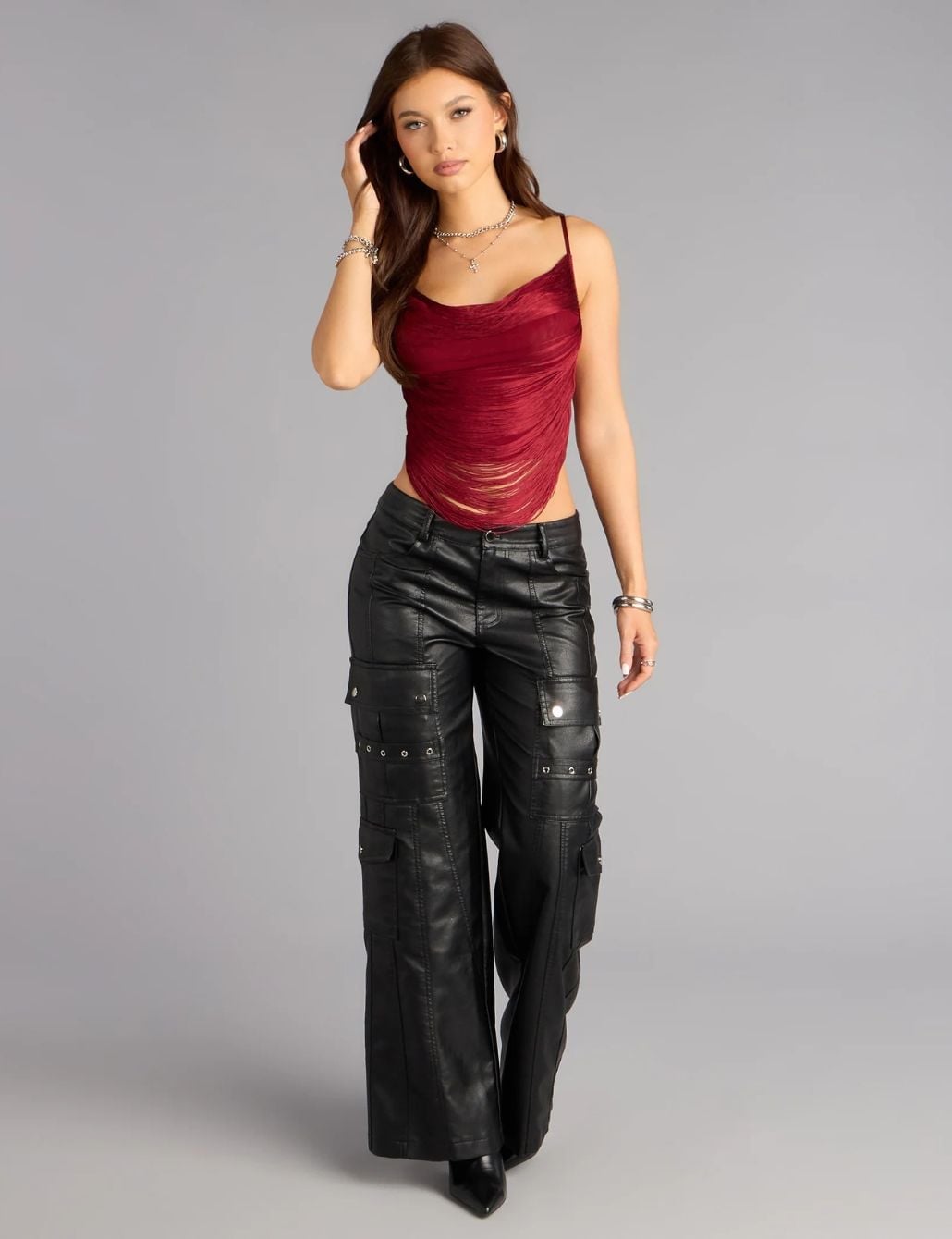 Burgundy Fringe Cami Top with Cargo Pants and Black Pointed-Toe Heels Burgundy Fringe Cami Top with Cargo Pants and Black Pointed-Toe Heels — Trendy Red Top Outfits