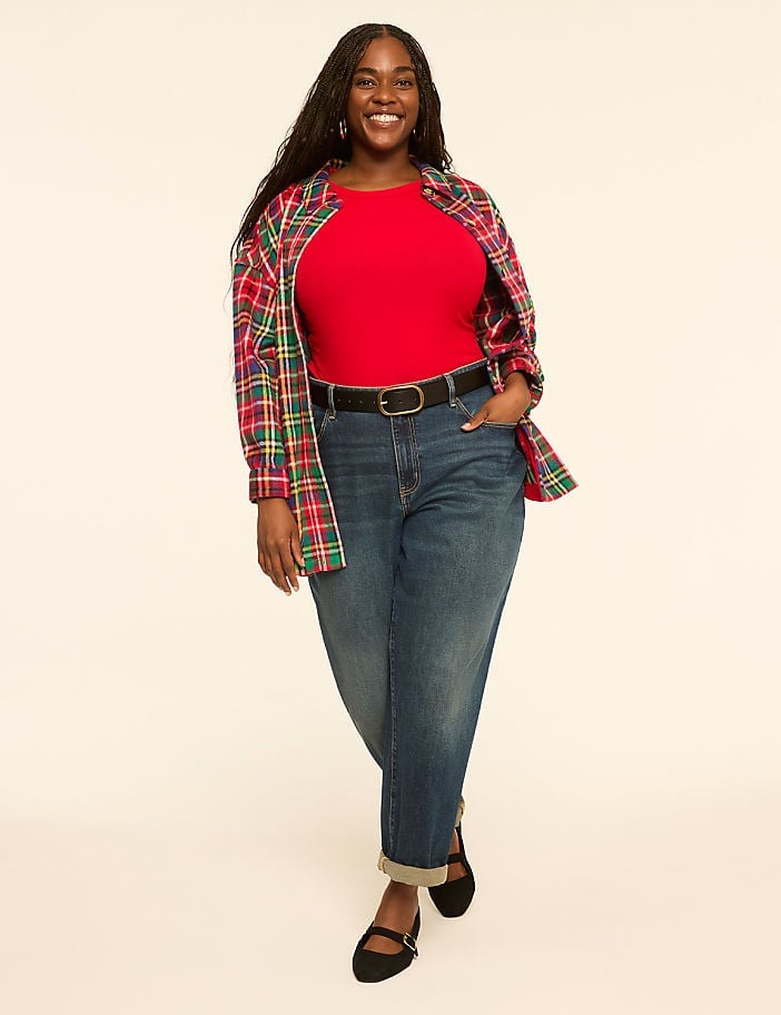 Red Ribbed Long-Sleeve Top with Plaid Shirt Red Ribbed Long-Sleeve Top with Plaid Shirt — Trendy Red Top Outfits