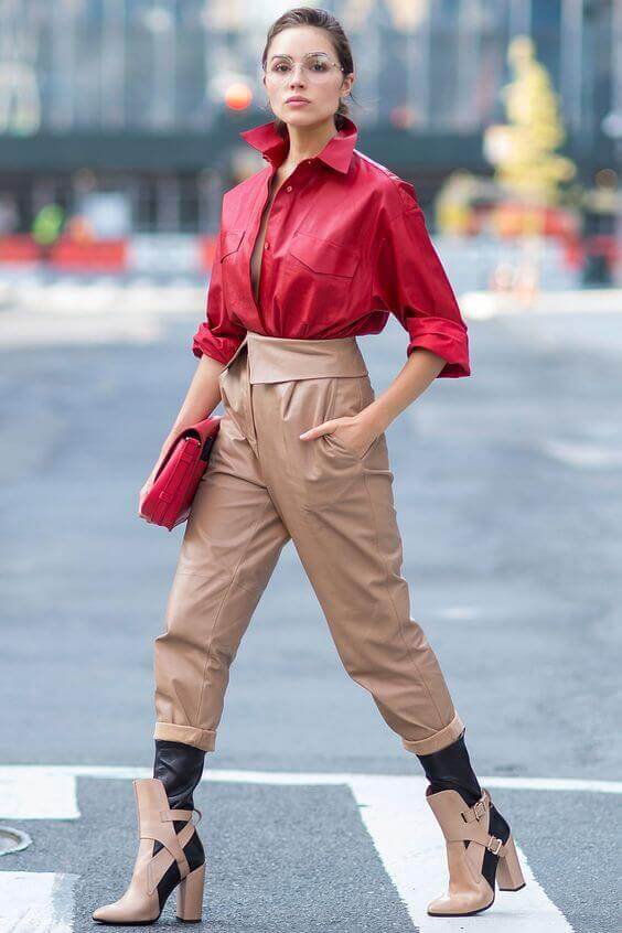 Red Oversized Collared Shirt with High-Waisted Trousers, Close-Up Take Red Oversized Collared Shirt with High-Waisted Trousers, Close-Up Take — Trendy Red Top Outfits