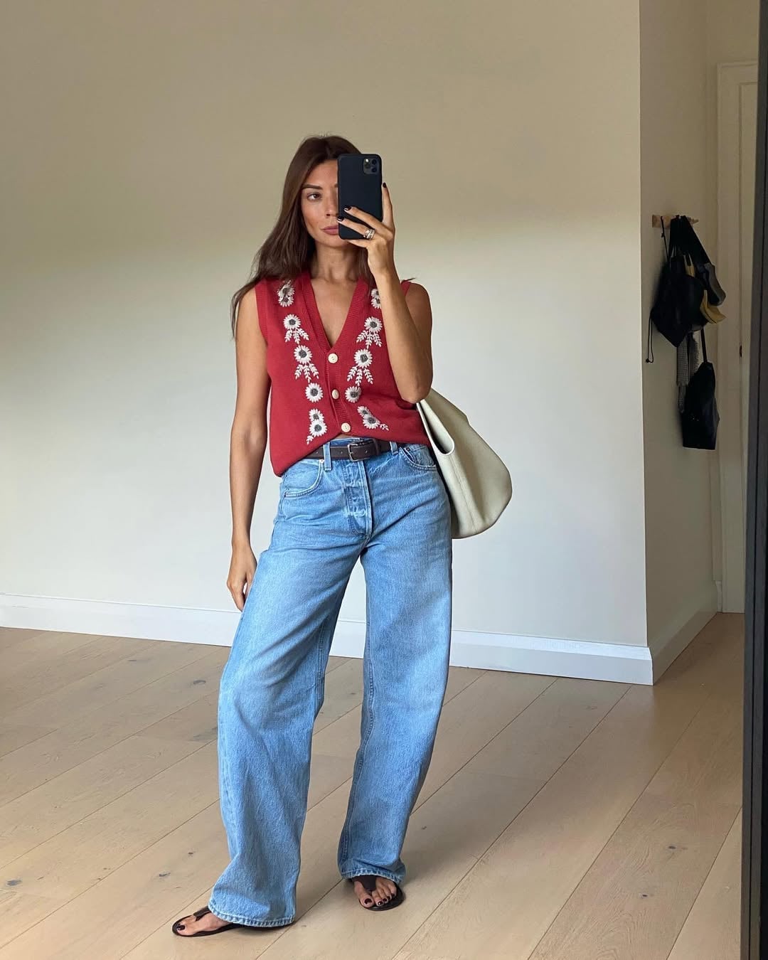 Red Floral Embroidered Vest with Wide-Leg Jeans, Close-Up Take Red Floral Embroidered Vest with Wide-Leg Jeans, Close-Up Take — Trendy Red Top Outfits