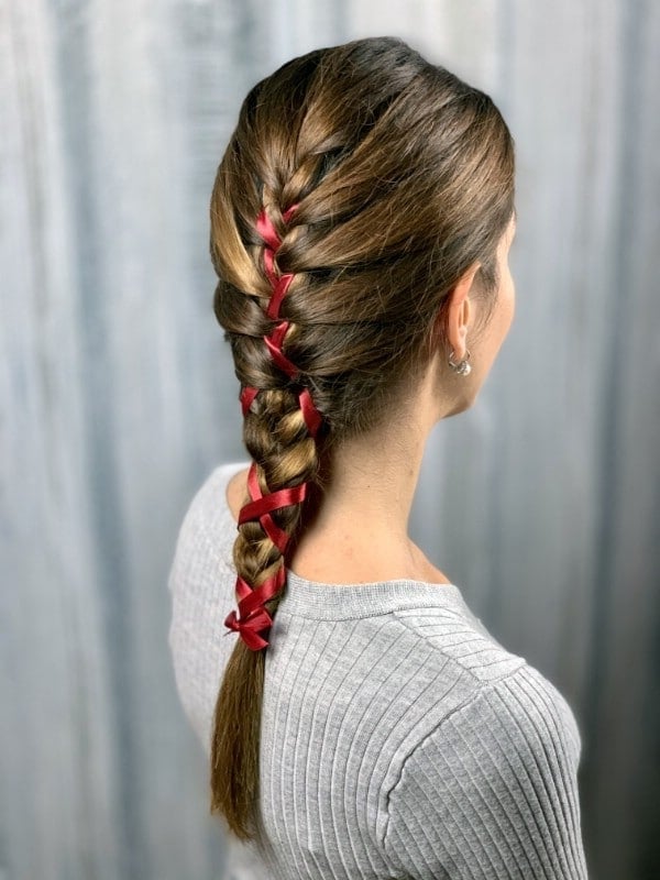 Medium Brown Fishtail Braid With Red Ribbon Medium Brown Fishtail Braid With Red Ribbon — Trendy Ribbon Braids