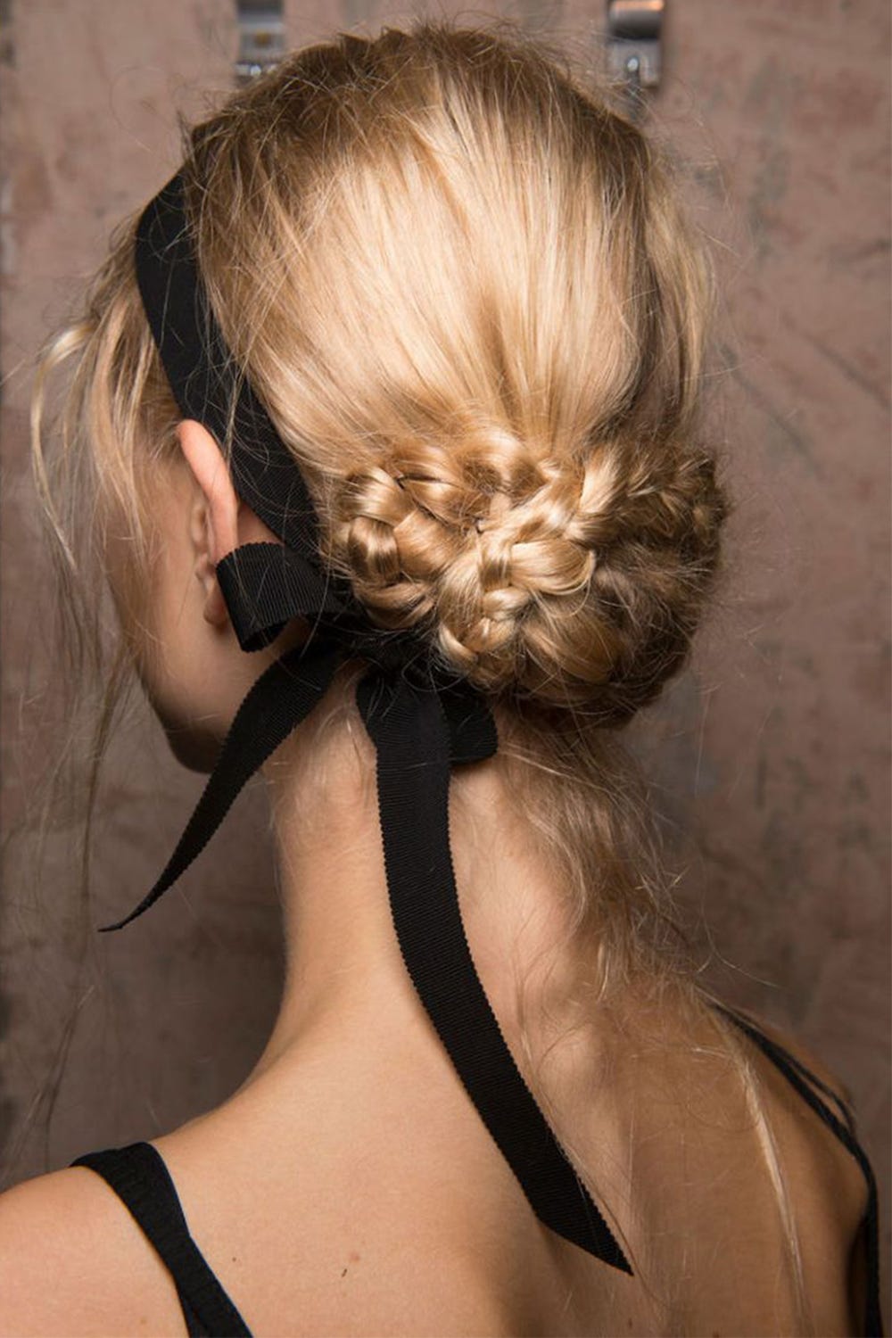 Fine Blonde Braids Into Low Bun With Black Ribbon Fine Blonde Braids Into Low Bun With Black Ribbon — Trendy Ribbon Braids