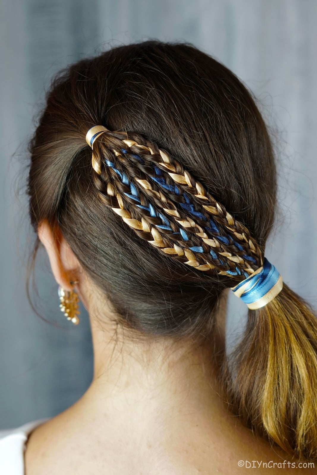Dark Brown Ponytail Braid With Gold and Blue Ribbons Dark Brown Ponytail Braid With Gold and Blue Ribbons — Trendy Ribbon Braids