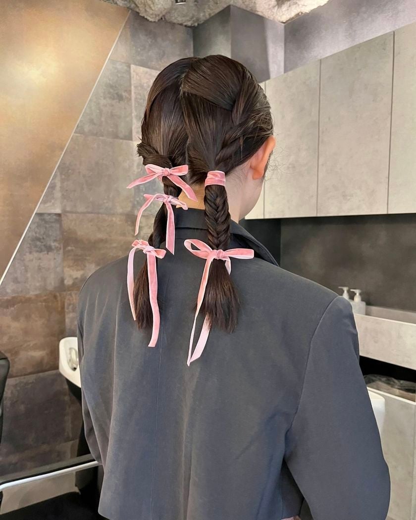 Dark Brown Braided Crown With Pink Ribbon Dark Brown Braided Crown With Pink Ribbon — Trendy Ribbon Braids
