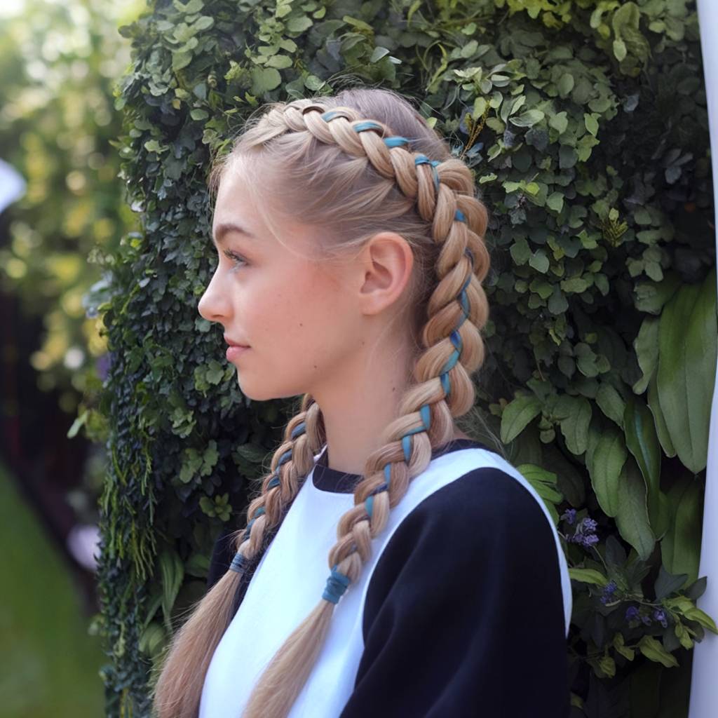 Light Blonde Double Dutch Braids With Blue Ribbons Light Blonde Double Dutch Braids With Blue Ribbons — Trendy Ribbon Braids