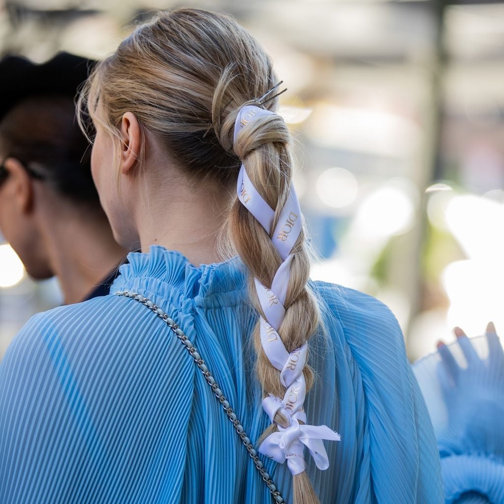 Wavy Thick Blonde Braid With White Logo Ribbon Wavy Thick Blonde Braid With White Logo Ribbon — Trendy Ribbon Braids