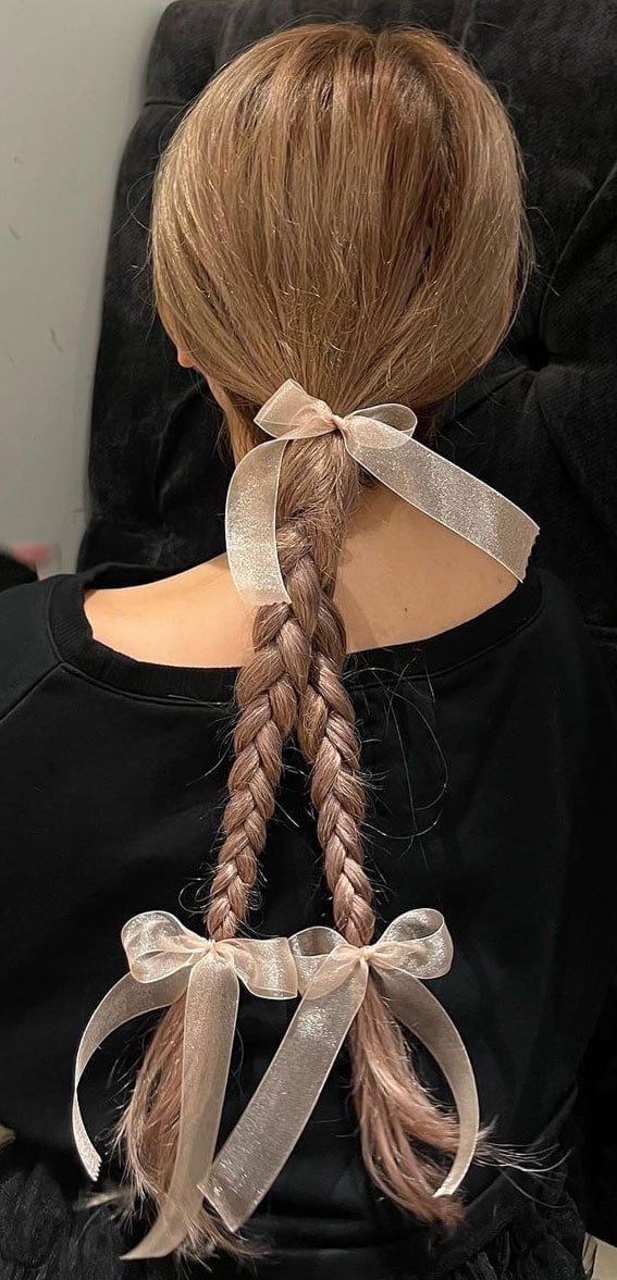 Ash Blonde Braids With Sheer Pink Bows Ash Blonde Braids With Sheer Pink Bows — Trendy Ribbon Braids