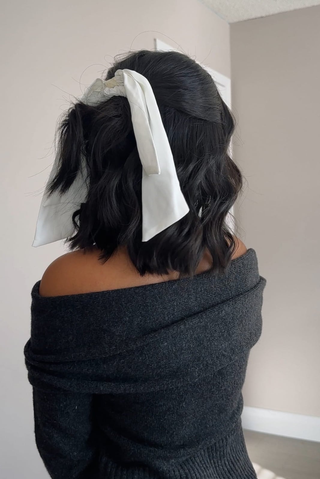 Shoulder Length Half-Up With White Ribbon — Trendy Ribbon Hair