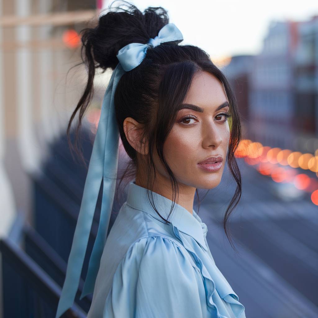 High Messy Bun With Blue Ribbon — Trendy Ribbon Hair